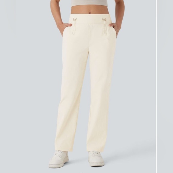 Halara-Mid Rise-Adjustable-Drawcord-Pockets-Straight Leg-Casual-Pant-Cream-M - Picture 1 of 14